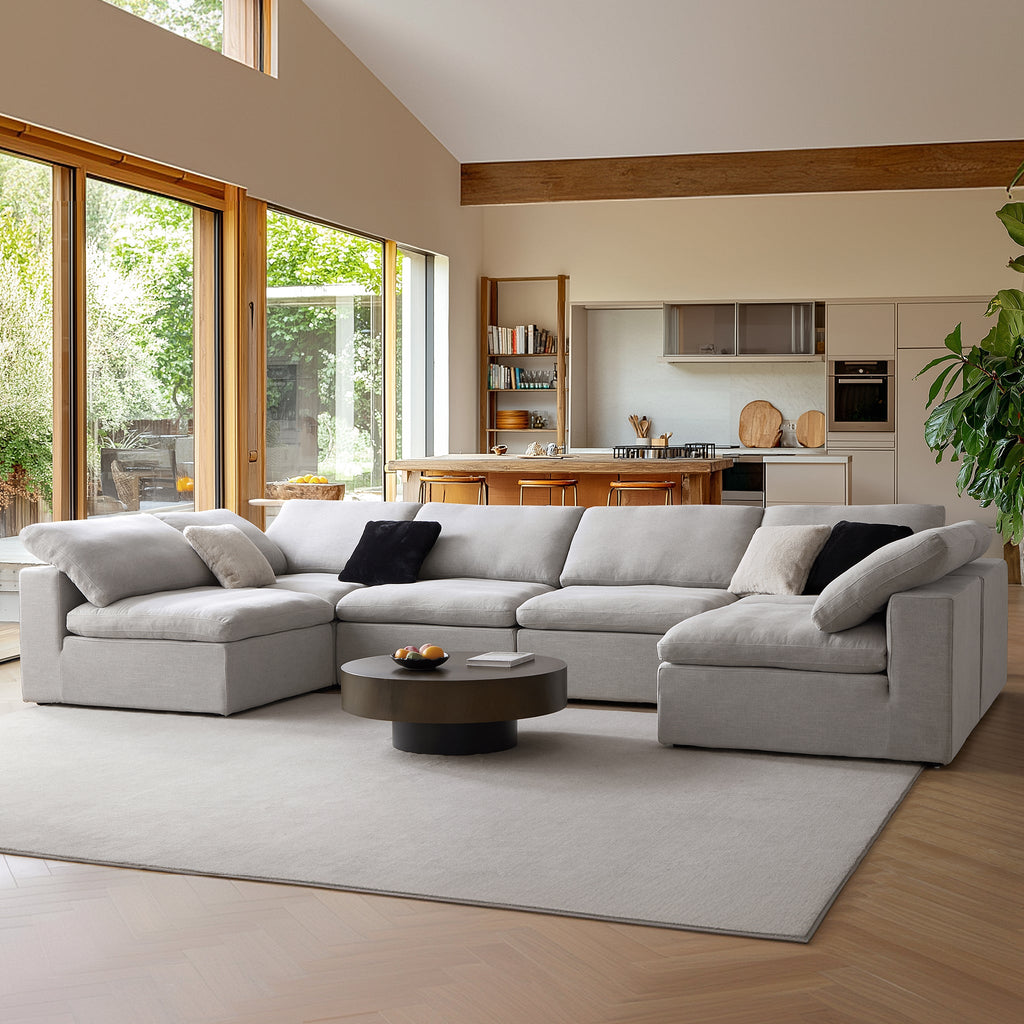 Canapé d'angle en U gris tendre Wabi-Sabi avec extrémités ouvertes