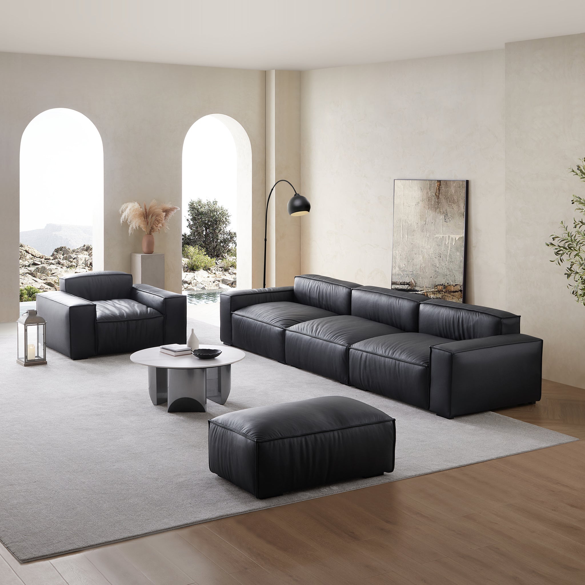 Ensemble de canapés de luxe minimalistes en cuir noir