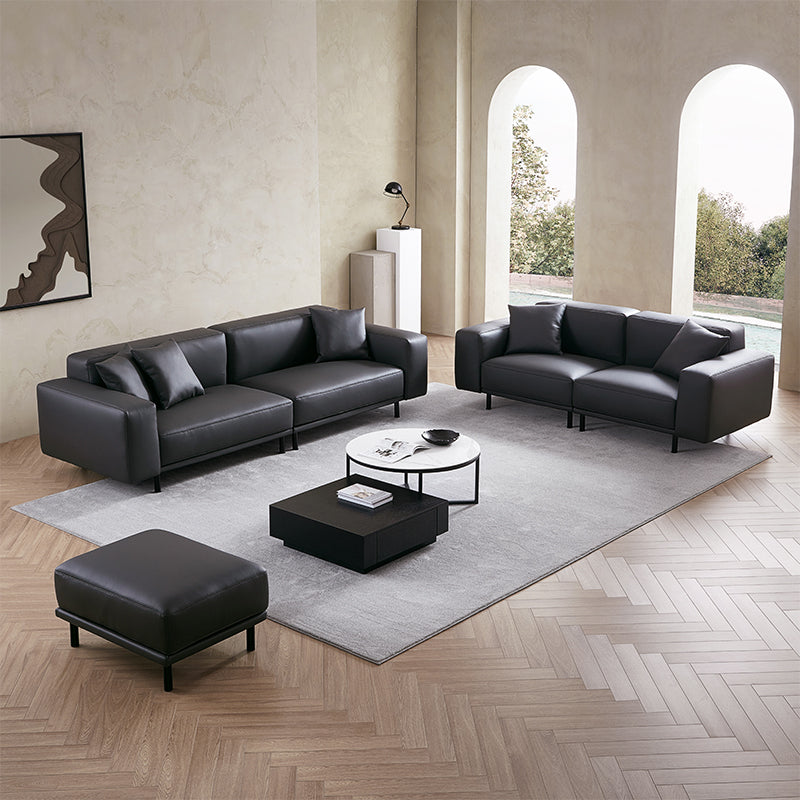 Ensemble canapé et pouf en cuir beige noble