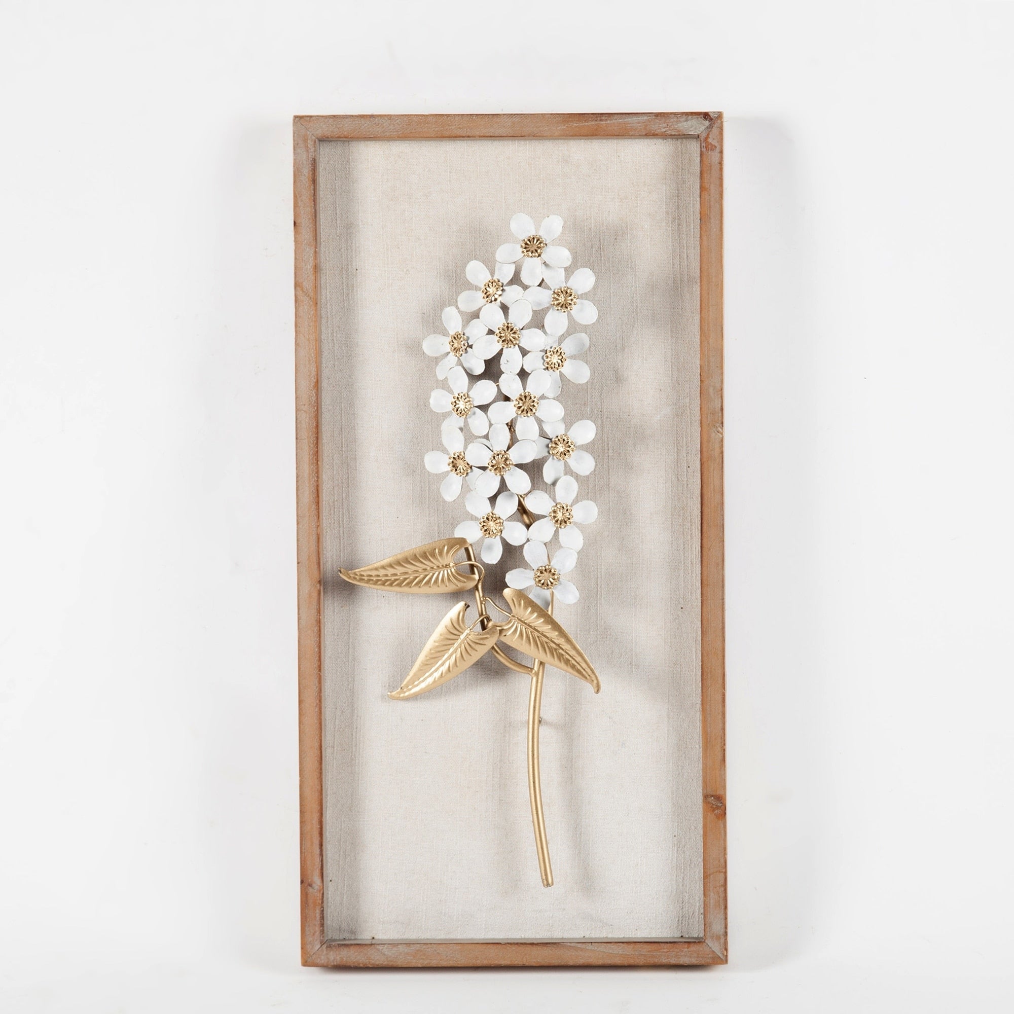 Décoration murale avec cadre en bois et bouquet de fleurs en métal blanc et doré (lot de 2)