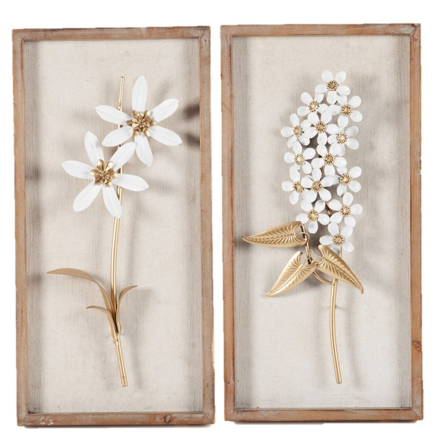 Décoration murale avec cadre en bois et bouquet de fleurs en métal blanc et doré (lot de 2)
