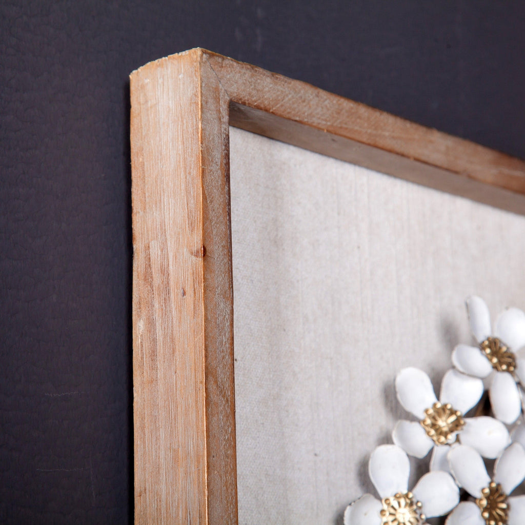 Décoration murale avec cadre en bois et bouquet de fleurs en métal blanc et doré (lot de 2)