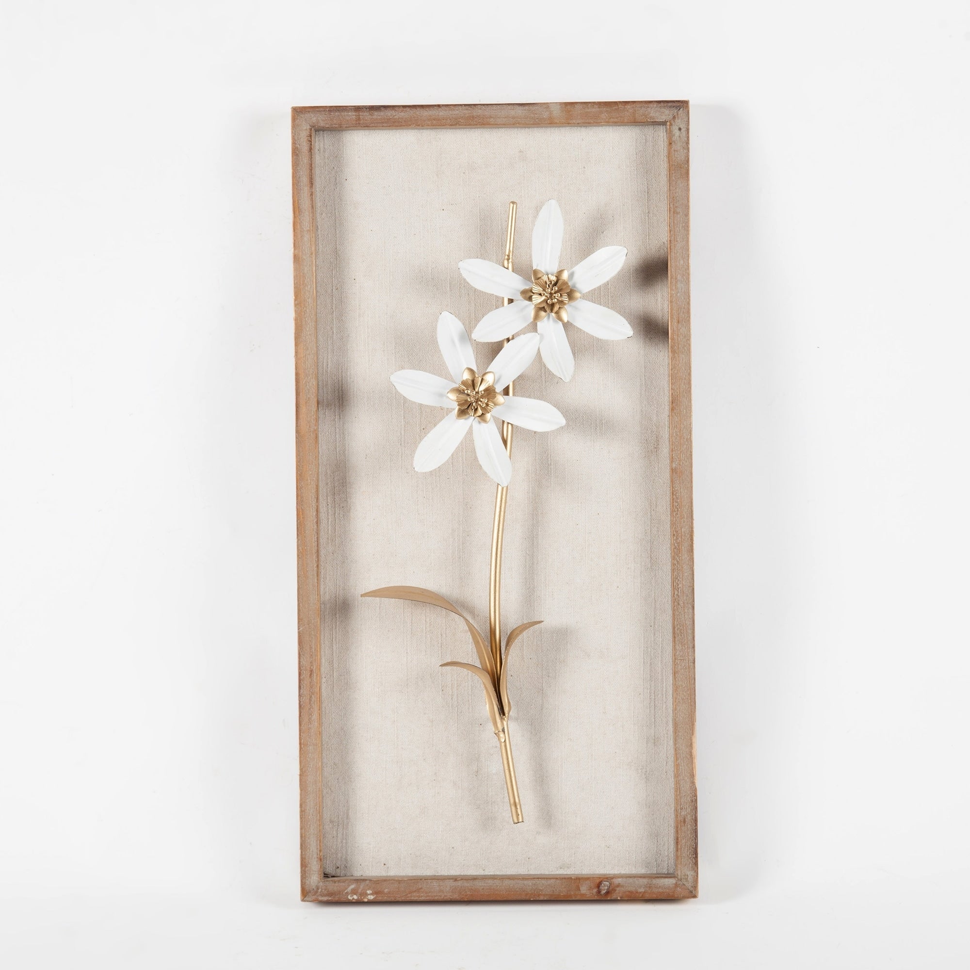 Décoration murale avec cadre en bois et bouquet de fleurs en métal blanc et doré (lot de 2)