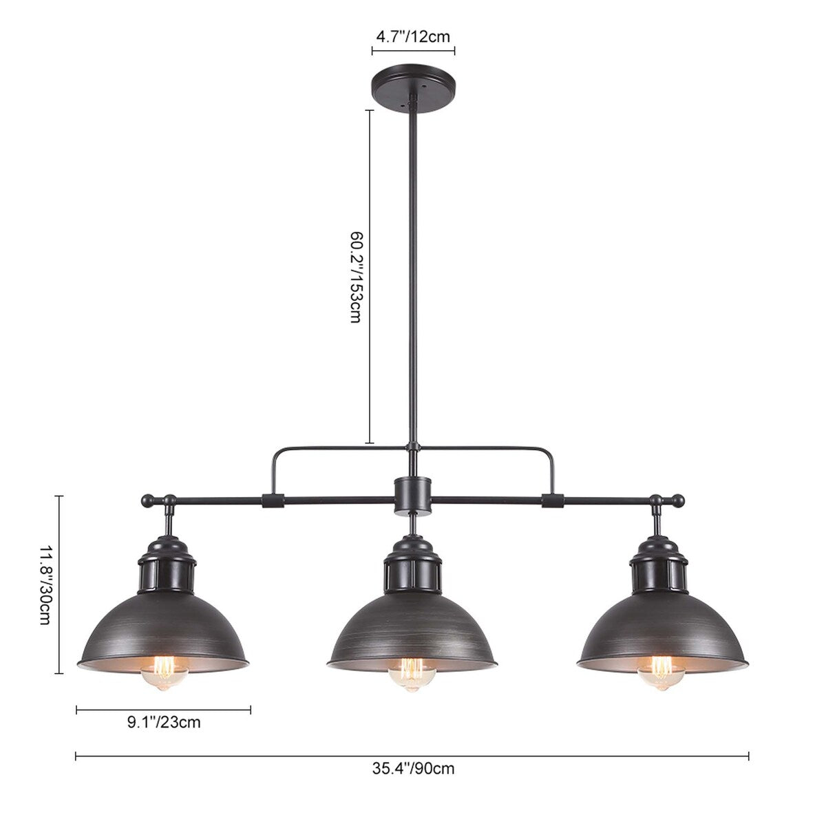 Suspension en forme de dôme de style industriel à 3 lumières, style ferme, en métal, linéaire, pour îlot de cuisine, finition bronze huilé