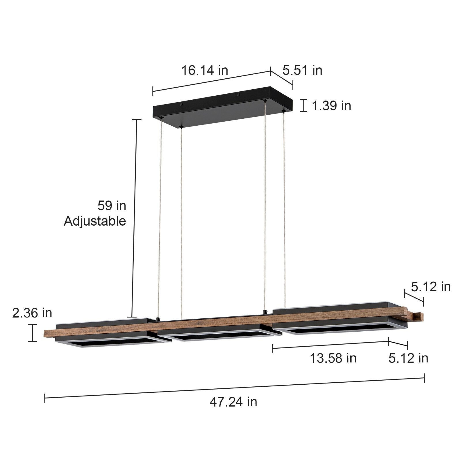 Lustre linéaire en bois à 3/5 lumières LED intégrées pour îlot de cuisine