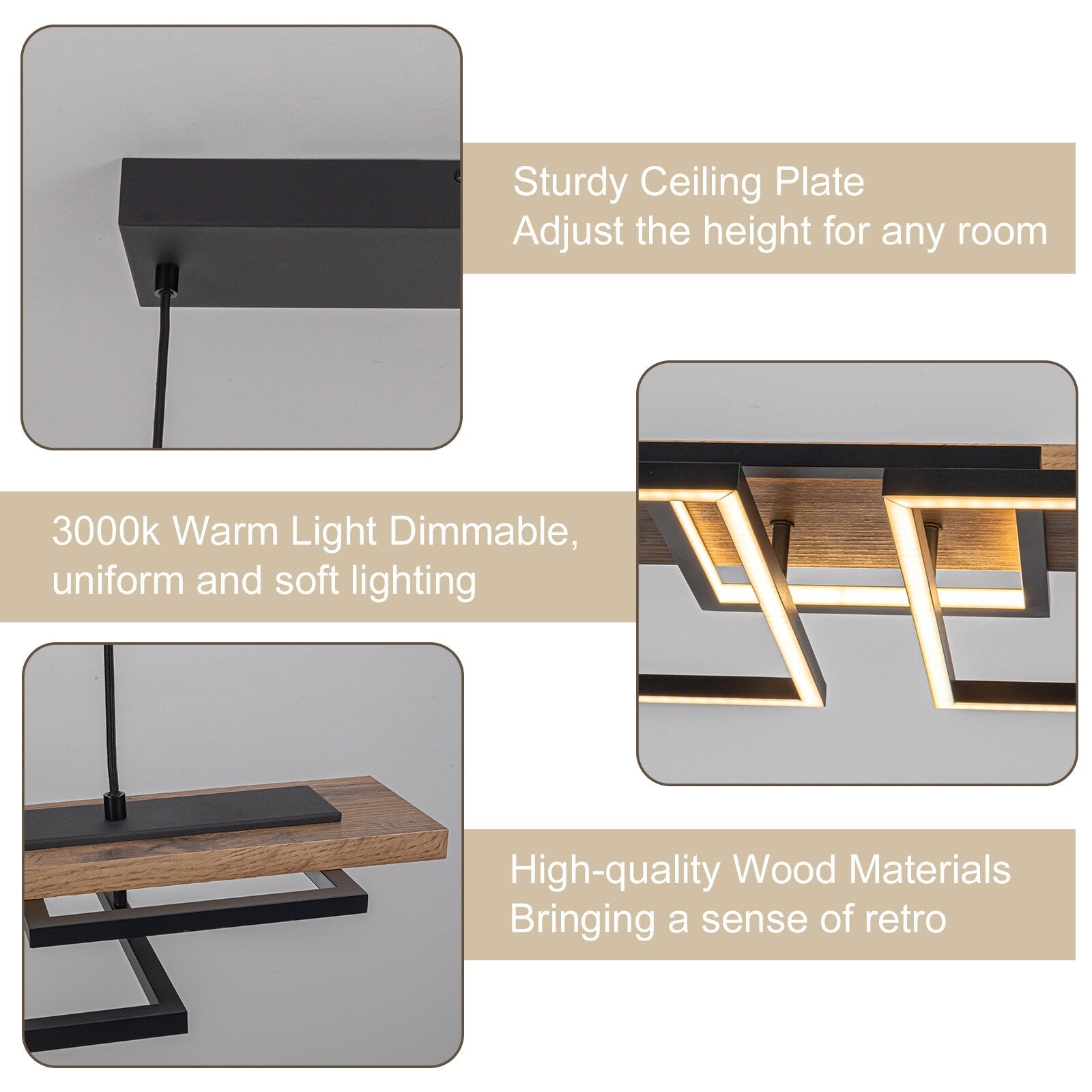 Lustre linéaire en bois à 3/5 lumières LED intégrées pour îlot de cuisine