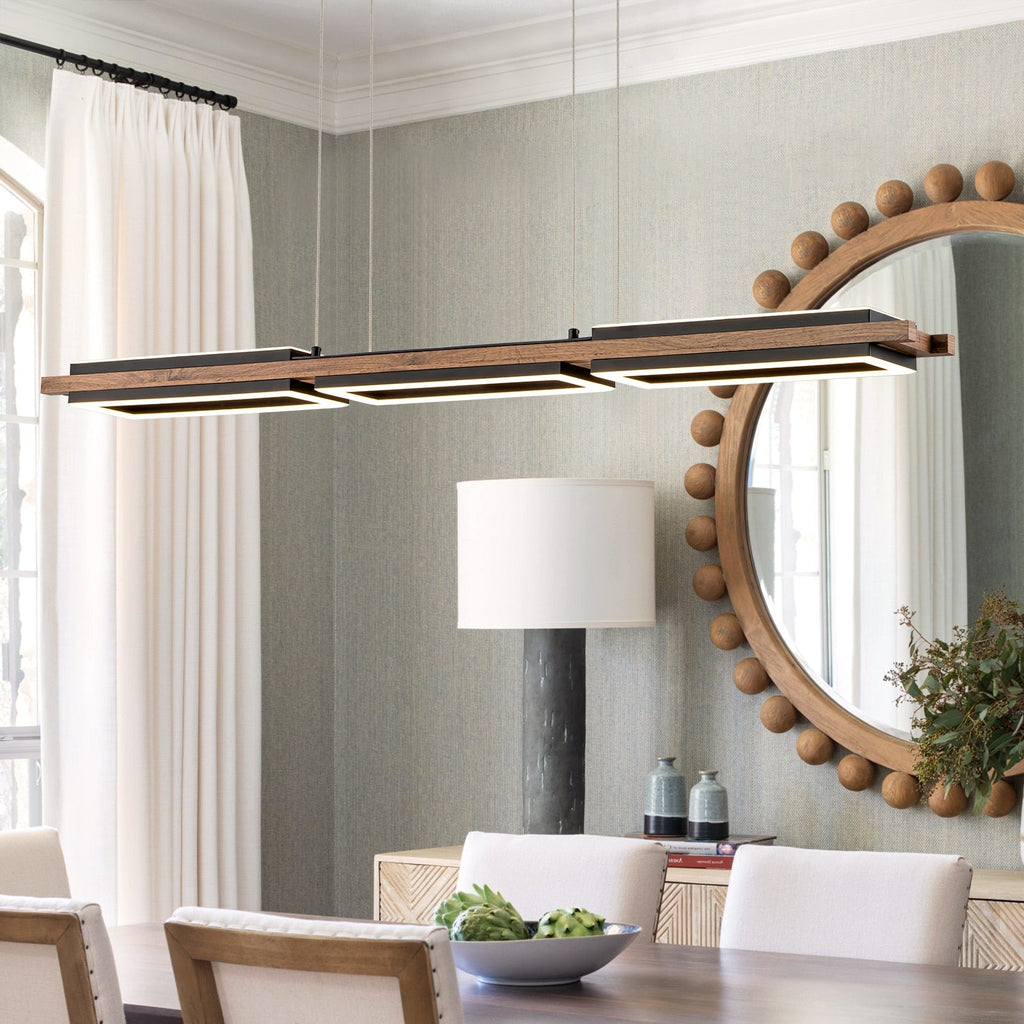 Lustre linéaire en bois à 3/5 lumières LED intégrées pour îlot de cuisine