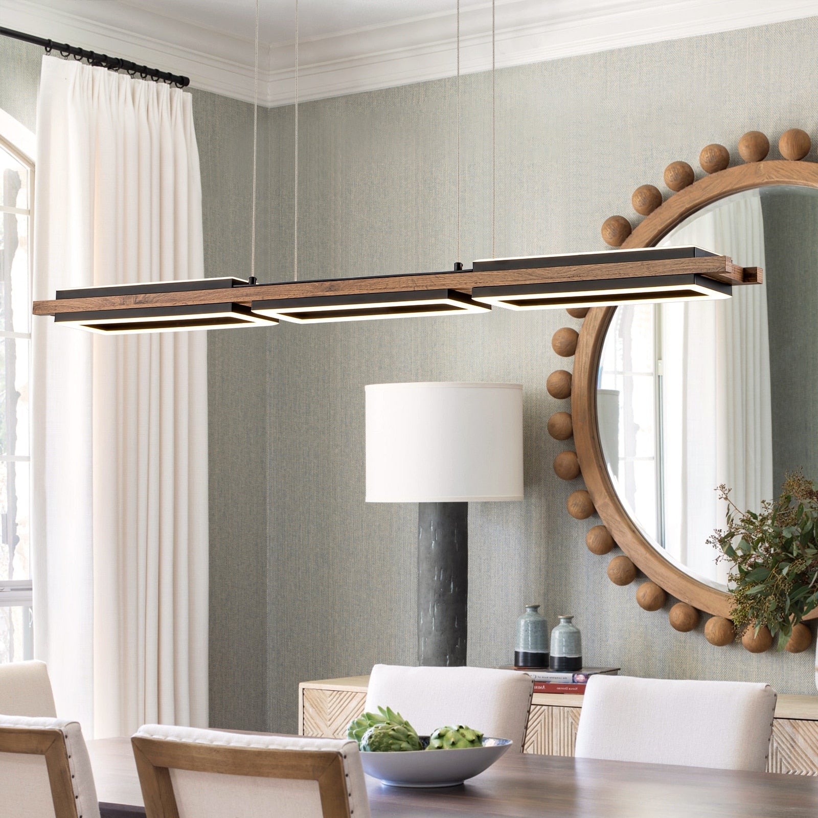 Lustre linéaire en bois à 3/5 lumières LED intégrées pour îlot de cuisine
