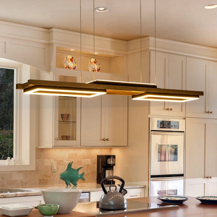 Lustre linéaire en bois à 3/5 lumières LED intégrées pour îlot de cuisine