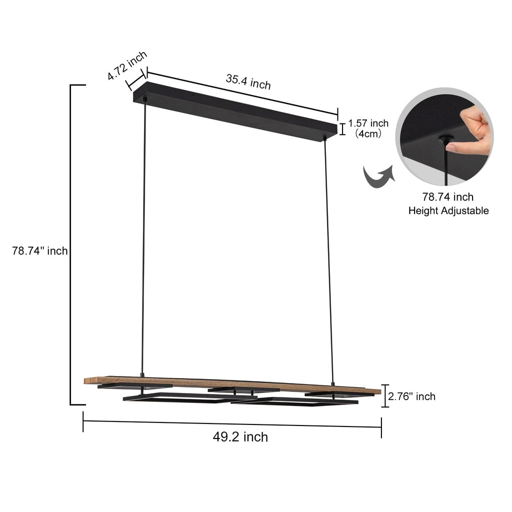 Lustre linéaire en bois à 3/5 lumières LED intégrées pour îlot de cuisine
