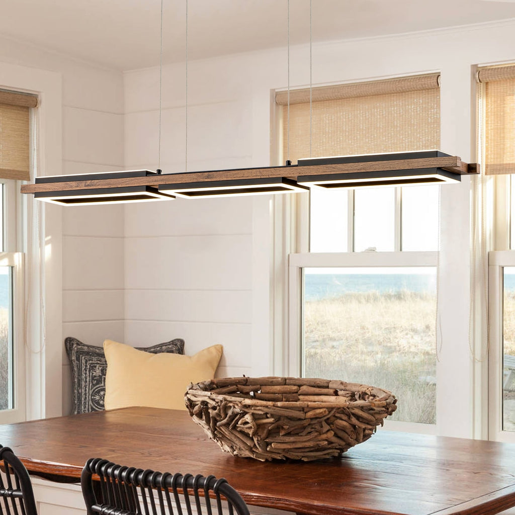 Lustre linéaire en bois à 3/5 lumières LED intégrées pour îlot de cuisine