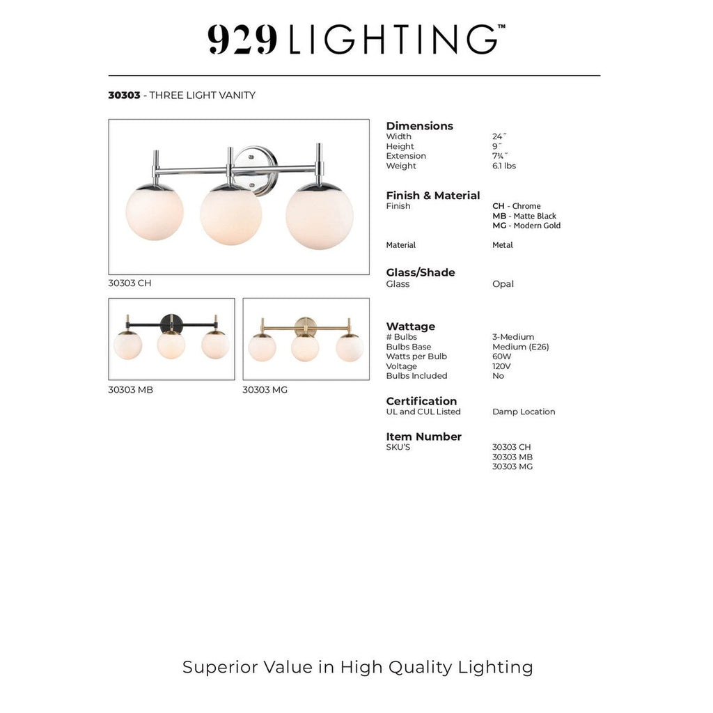 Luminaire de salle de bain à 3 lampes 929 Lighting, disponible en plusieurs finitions et avec abat-jour en verre opale