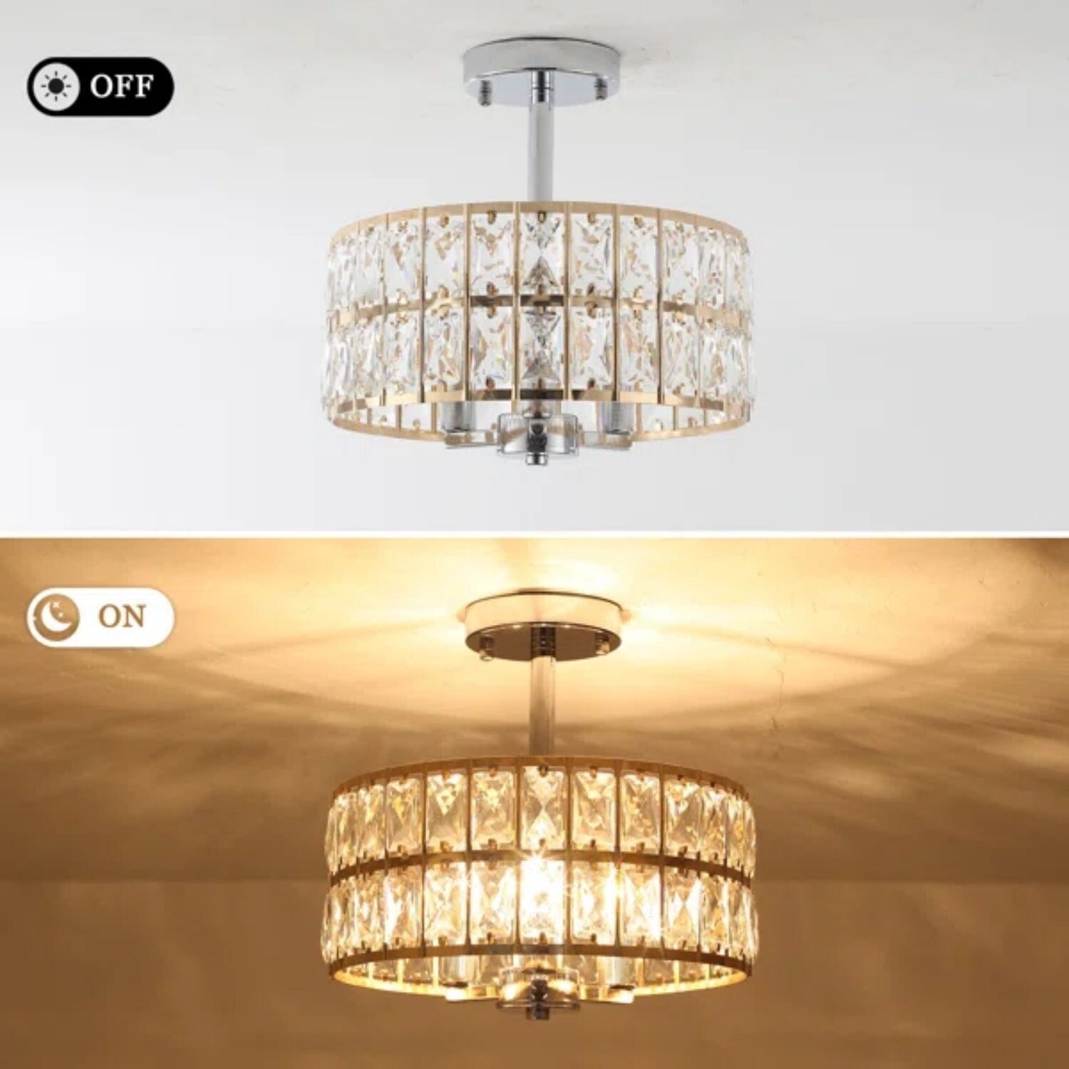 Plafonnier semi-encastré à 3 lumières en cristal pour salon et couloir
