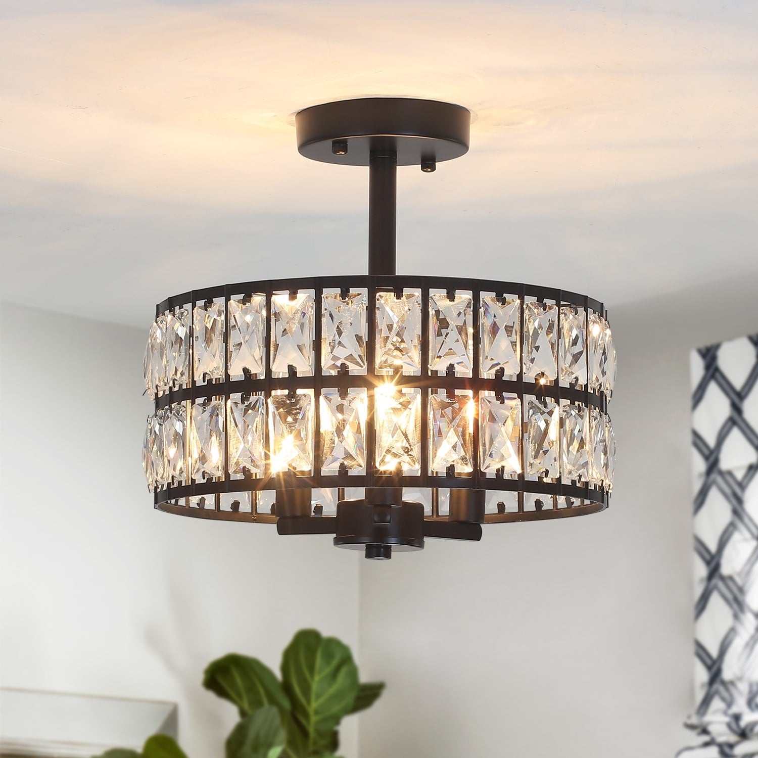 Plafonnier semi-encastré à 3 lumières en cristal pour salon et couloir