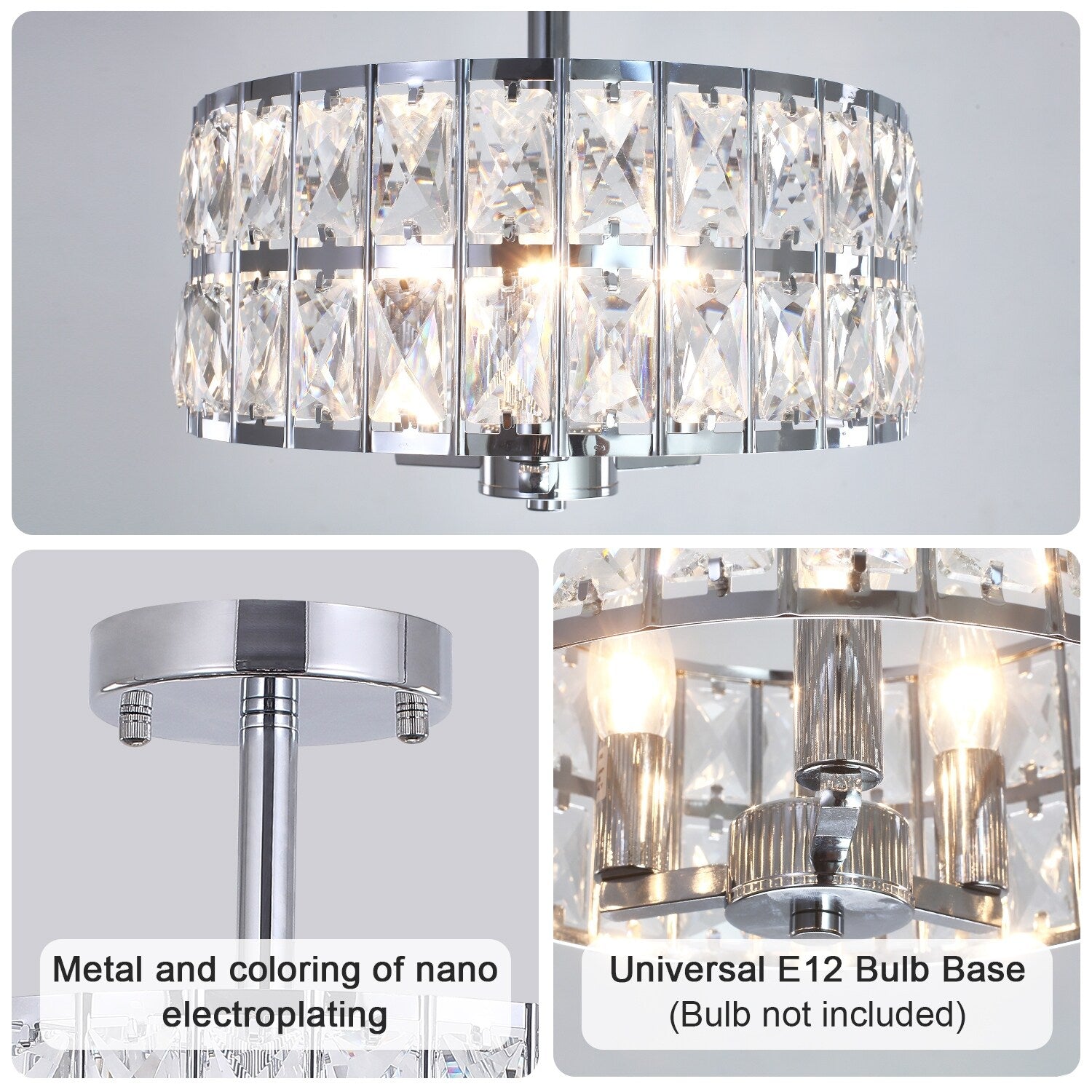 Plafonnier semi-encastré à 3 lumières en cristal pour salon et couloir