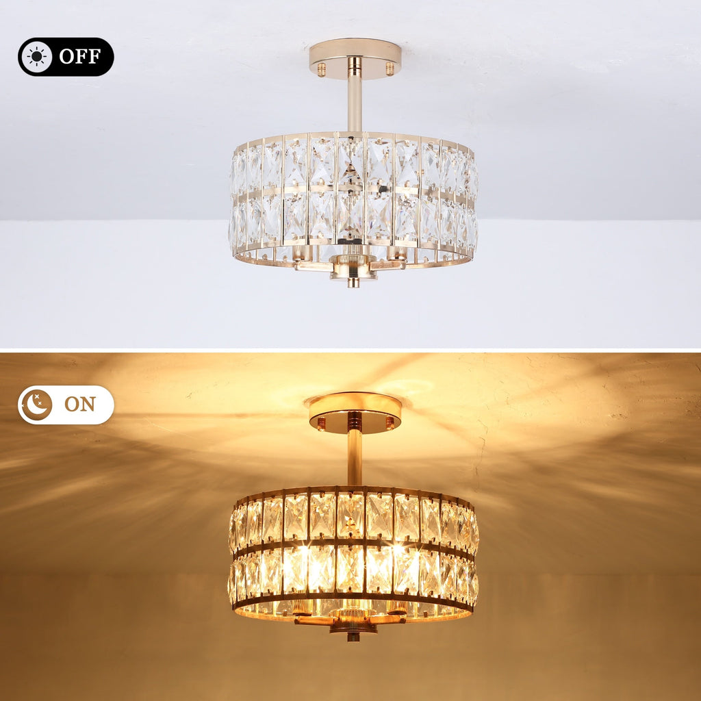 Plafonnier semi-encastré à 3 lumières en cristal pour salon et couloir