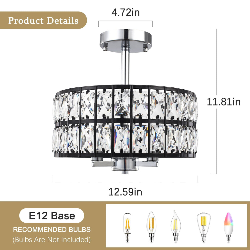 Plafonnier semi-encastré à 3 lumières en cristal pour salon et couloir