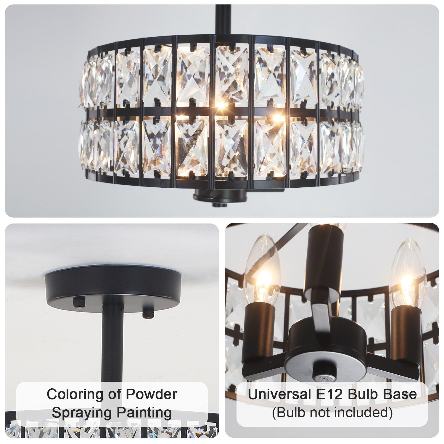 Plafonnier semi-encastré à 3 lumières en cristal pour salon et couloir