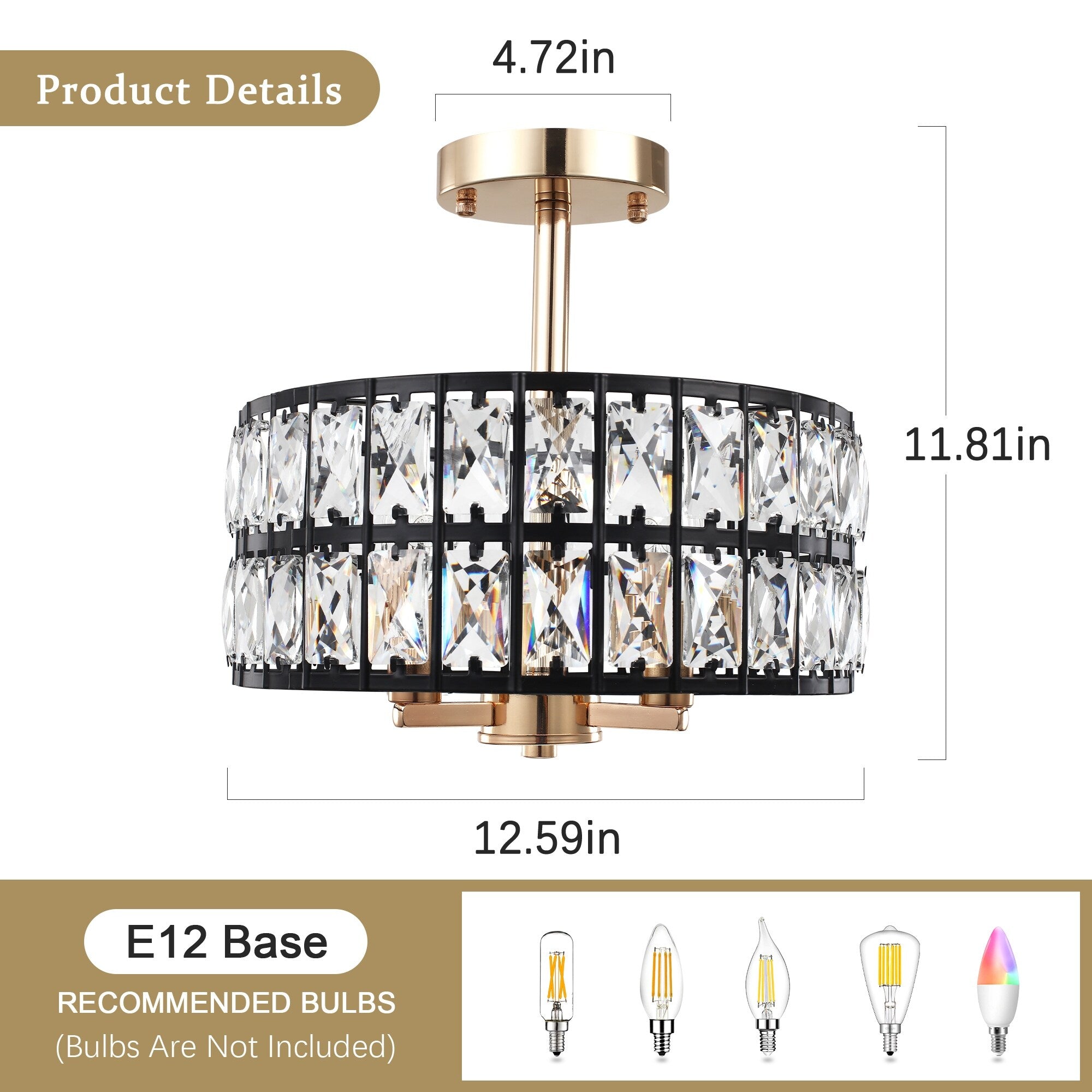 Plafonnier semi-encastré à 3 lumières en cristal pour salon et couloir