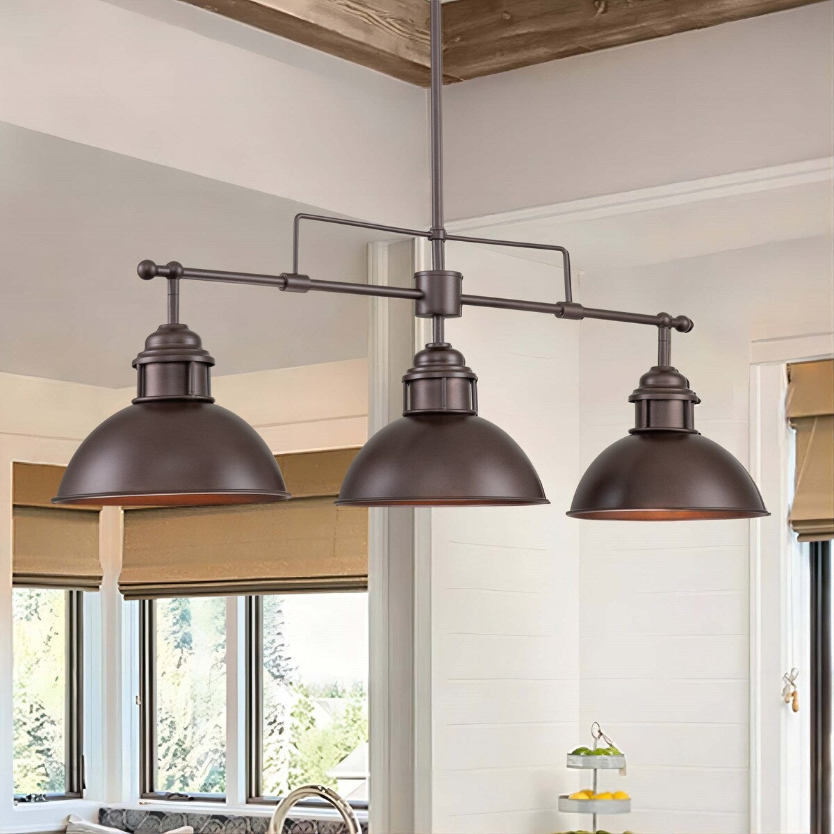 Suspension en forme de dôme de style industriel à 3 lumières, style ferme, en métal, linéaire, pour îlot de cuisine, finition bronze huilé
