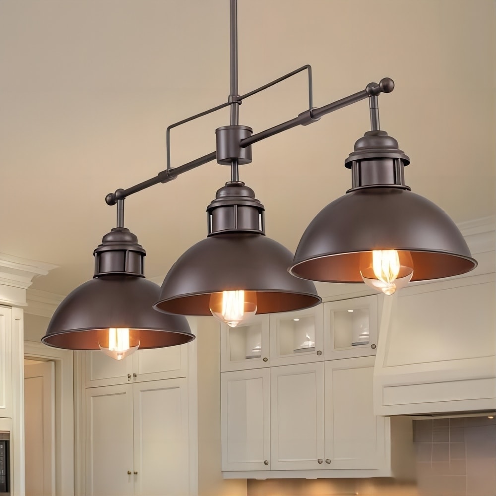 Suspension à 3 lumières en métal style campagnard rétro, style dôme linéaire, luminaire pour îlot de cuisine