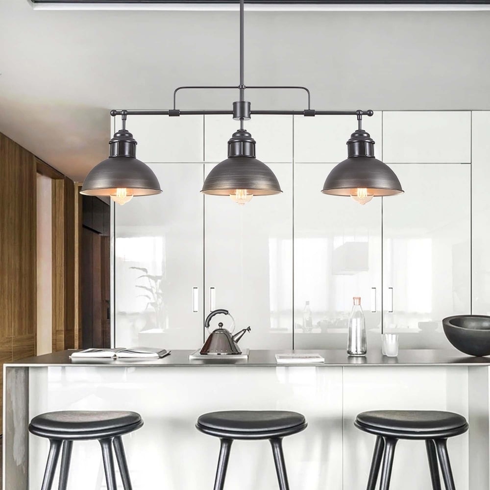 Suspension à 3 lumières en métal style campagnard rétro, style dôme linéaire, luminaire pour îlot de cuisine