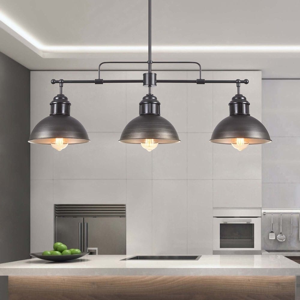 Suspension à 3 lumières en métal style campagnard rétro, style dôme linéaire, luminaire pour îlot de cuisine