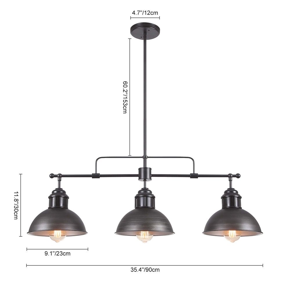 Suspension à 3 lumières en métal style campagnard rétro, style dôme linéaire, luminaire pour îlot de cuisine
