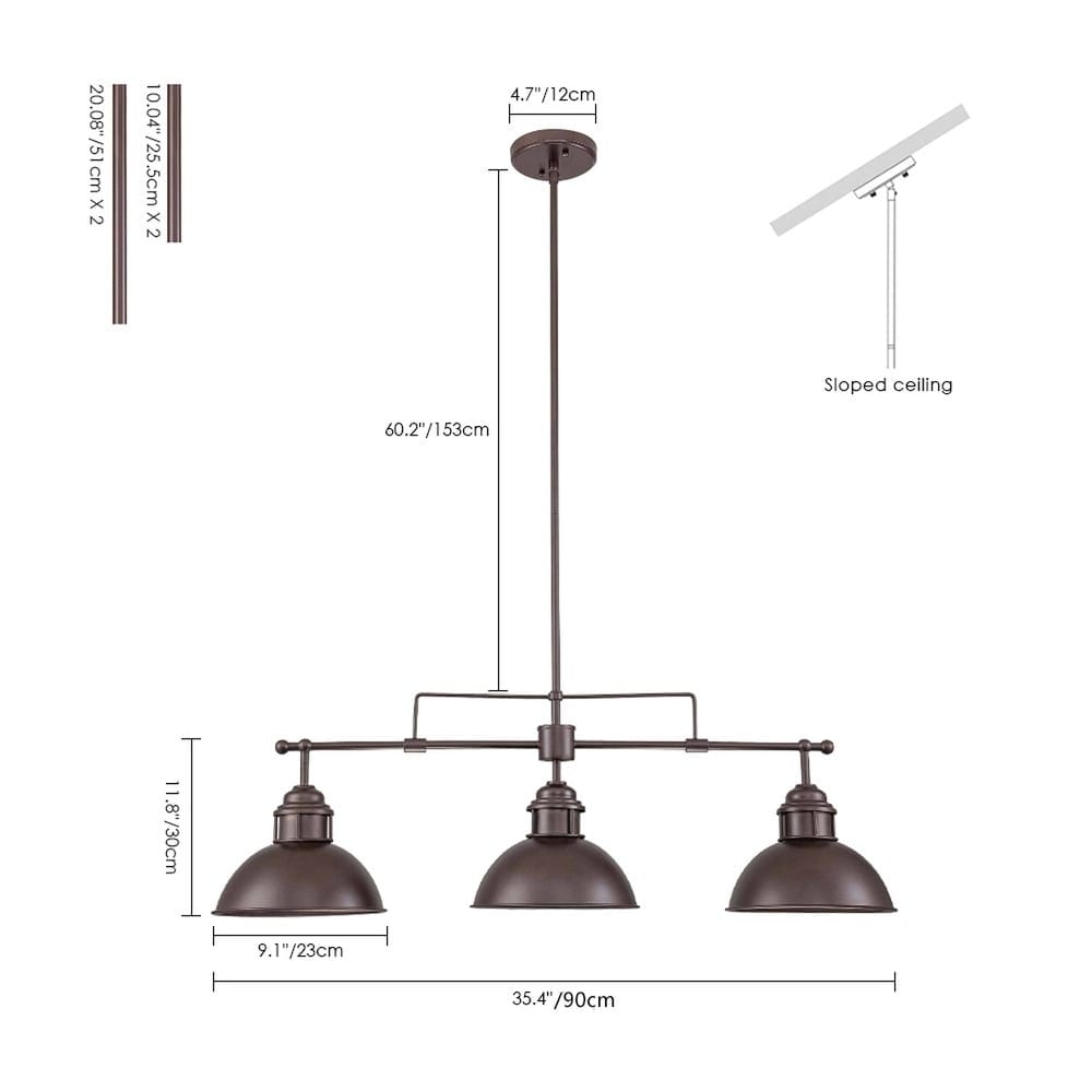 Suspension à 3 lumières en métal style campagnard rétro, style dôme linéaire, luminaire pour îlot de cuisine