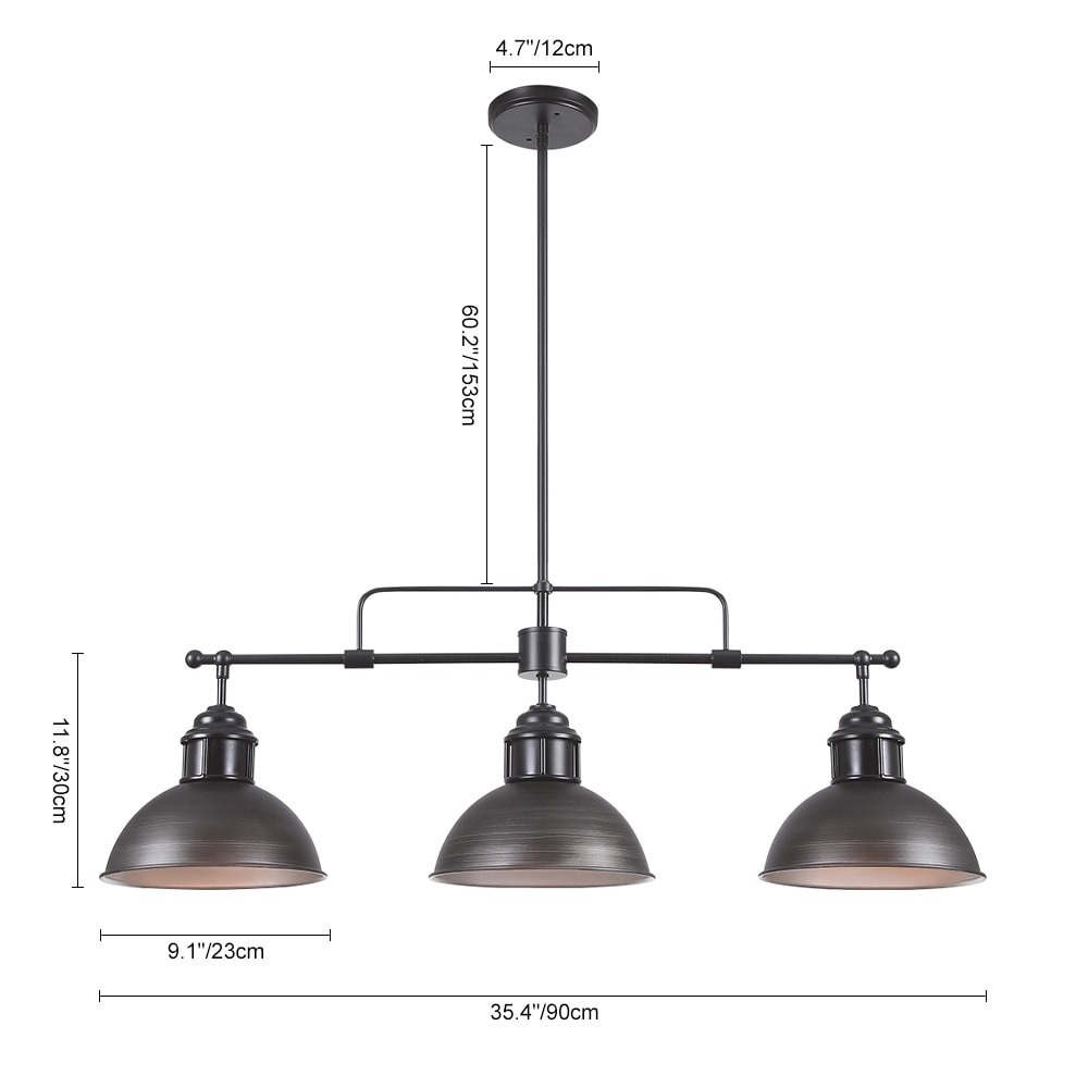 Suspension à 3 lumières en métal style campagnard rétro, style dôme linéaire, luminaire pour îlot de cuisine