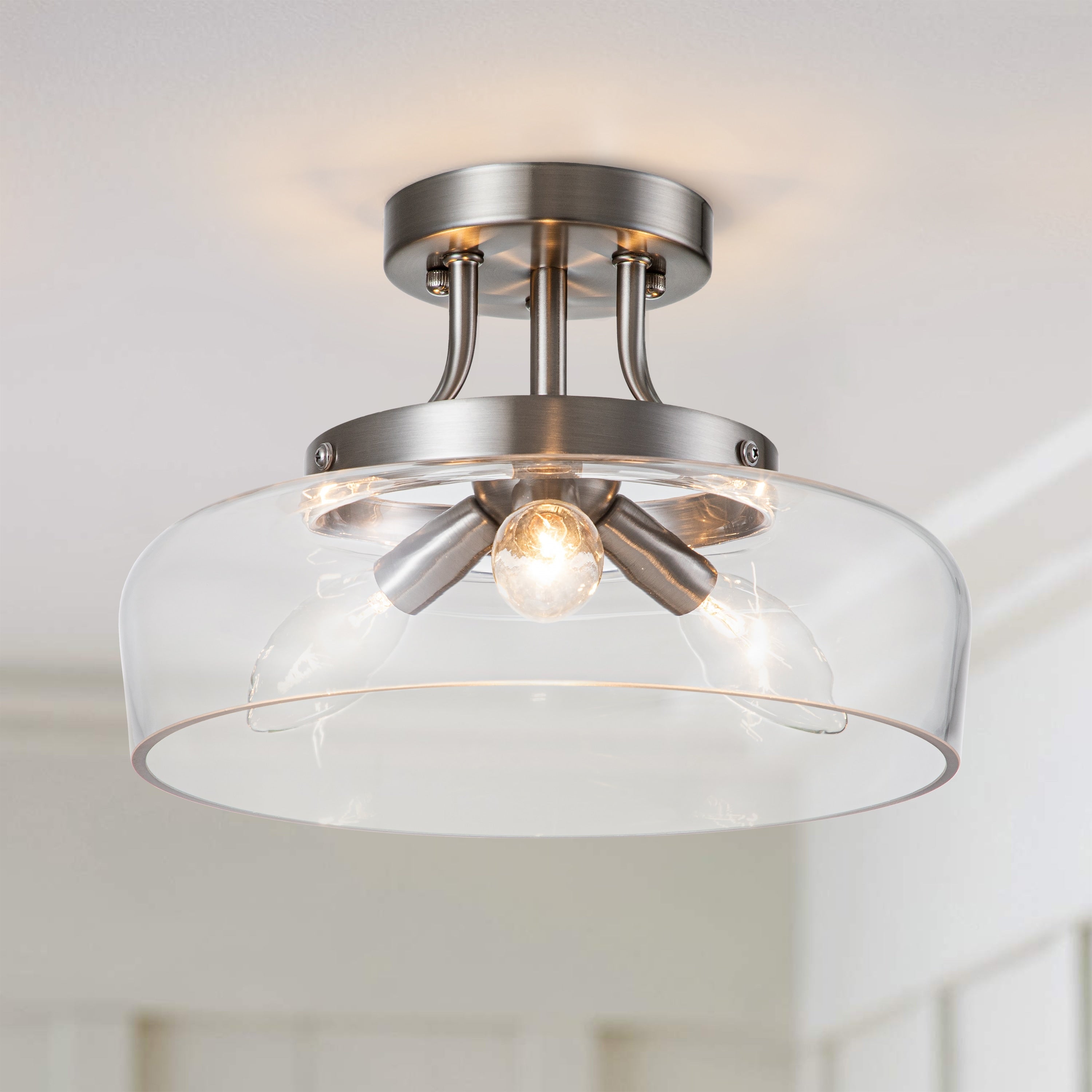 Plafonnier semi-encastré C Cattleya à 3 lumières en nickel satiné avec abat-jour en verre