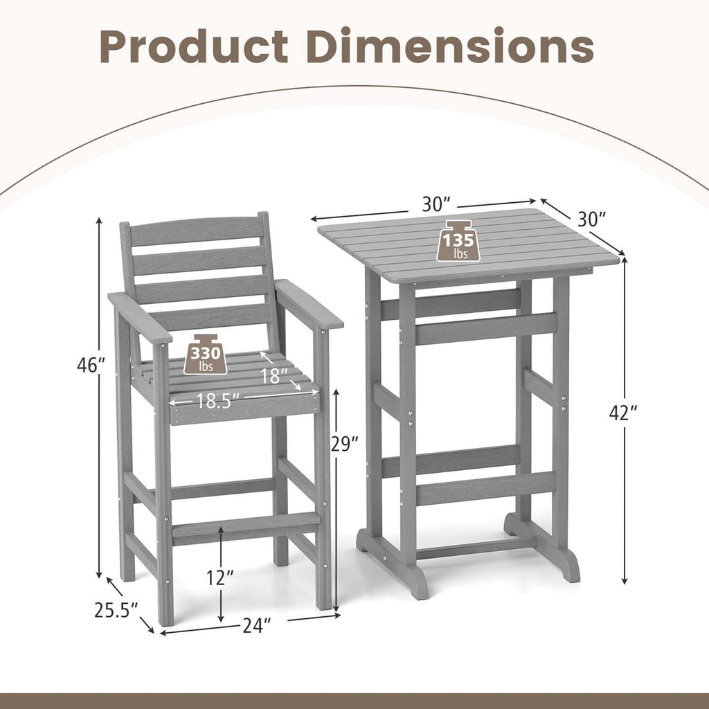 Ensemble de bistrot 3 pièces en PEHD pour patio, tabourets de bar à hauteur de comptoir avec table