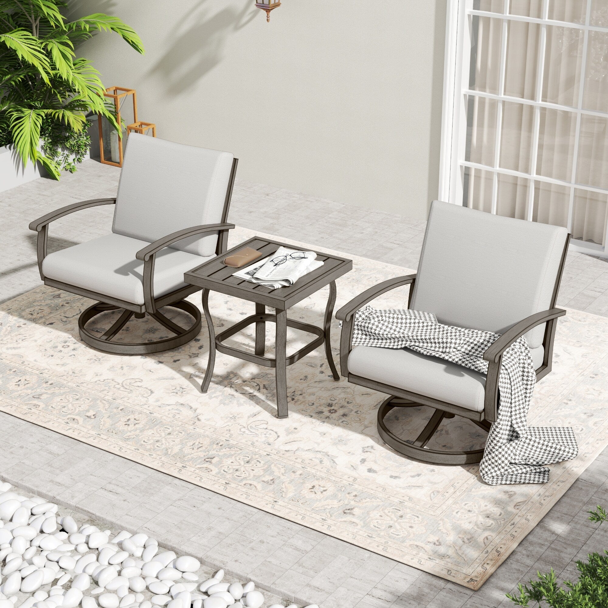 Ensemble bistro de patio 3 pièces en aluminium avec table d'appoint, fauteuils pivotants et coussins gris clair