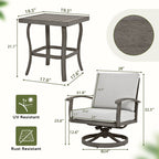 Ensemble bistro de patio 3 pièces en aluminium avec table d'appoint, fauteuils pivotants et coussins gris clair