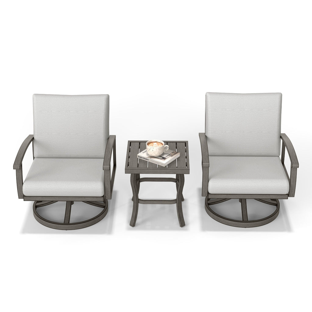 Ensemble bistro de patio 3 pièces en aluminium avec table d'appoint, fauteuils pivotants et coussins gris clair