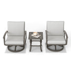 Ensemble bistro de patio 3 pièces en aluminium avec table d'appoint, fauteuils pivotants et coussins gris clair