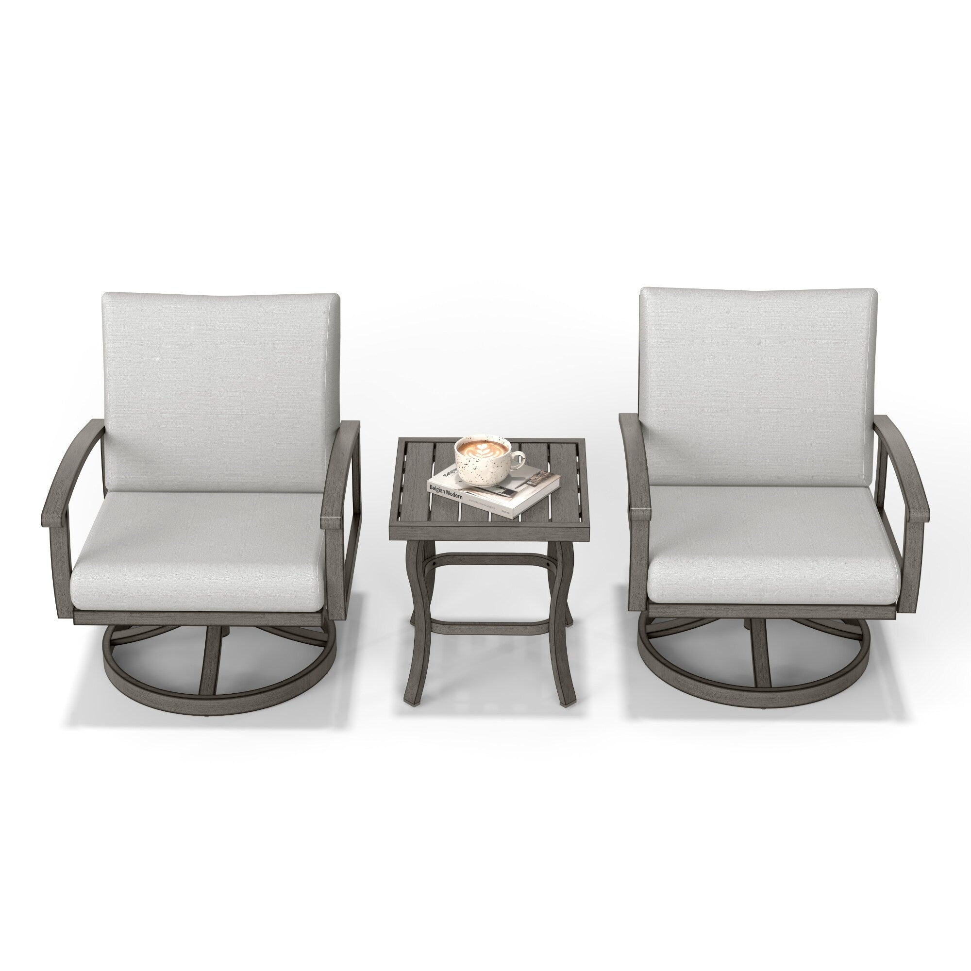 Ensemble bistro de patio 3 pièces en aluminium avec table d'appoint, fauteuils pivotants et coussins gris clair