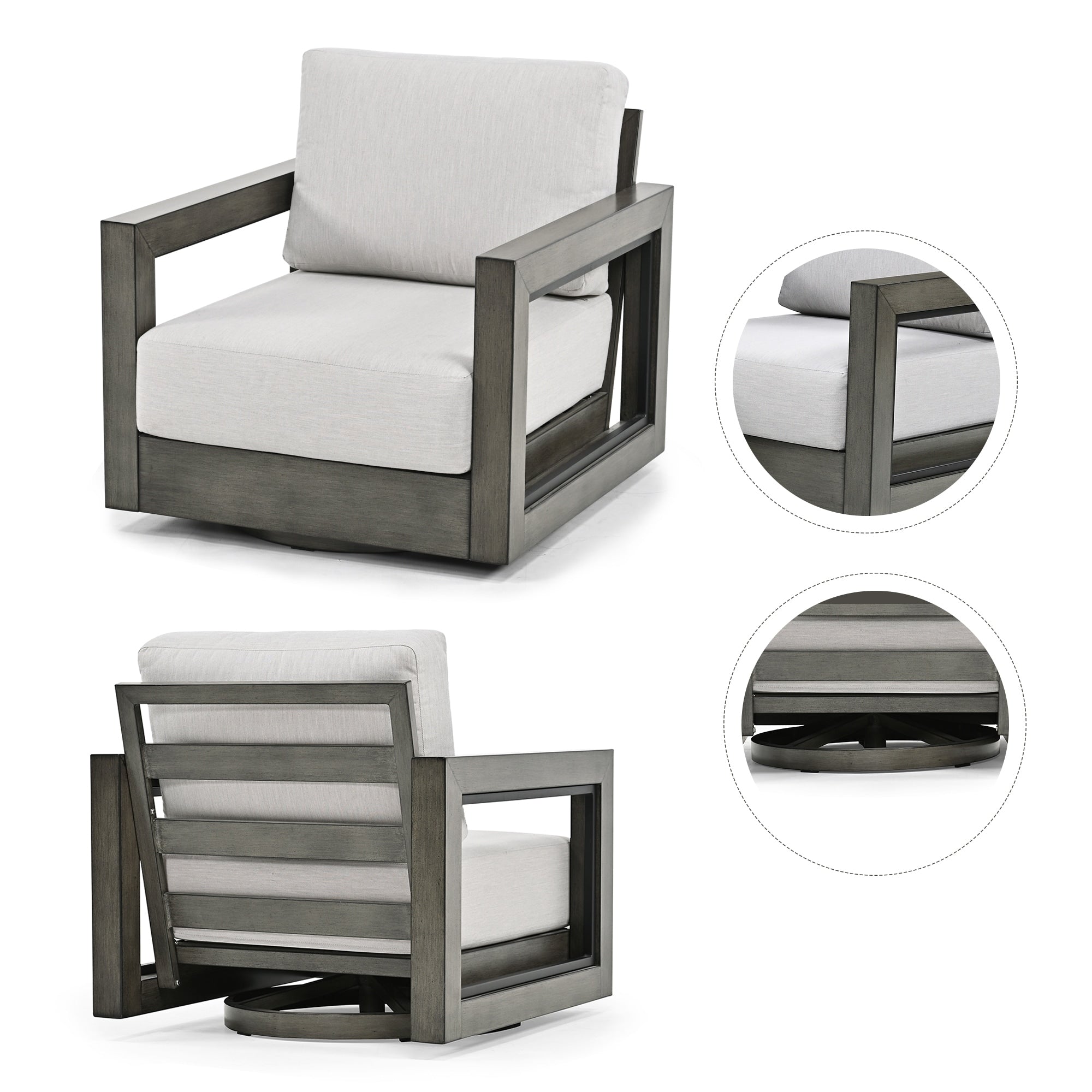 Ensemble de salon de jardin 3 pièces en aluminium avec chaises pivotantes, cadre et coussins peints à la main