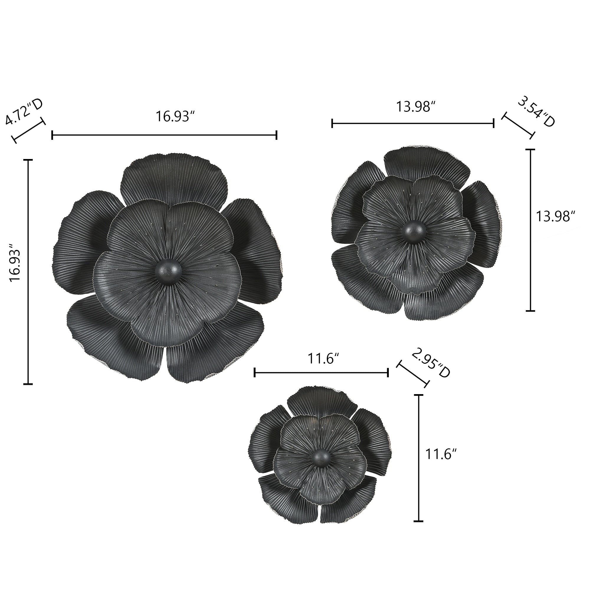 Décoration murale en métal gris foncé avec fleurs dorées de différentes tailles (lot de 3)