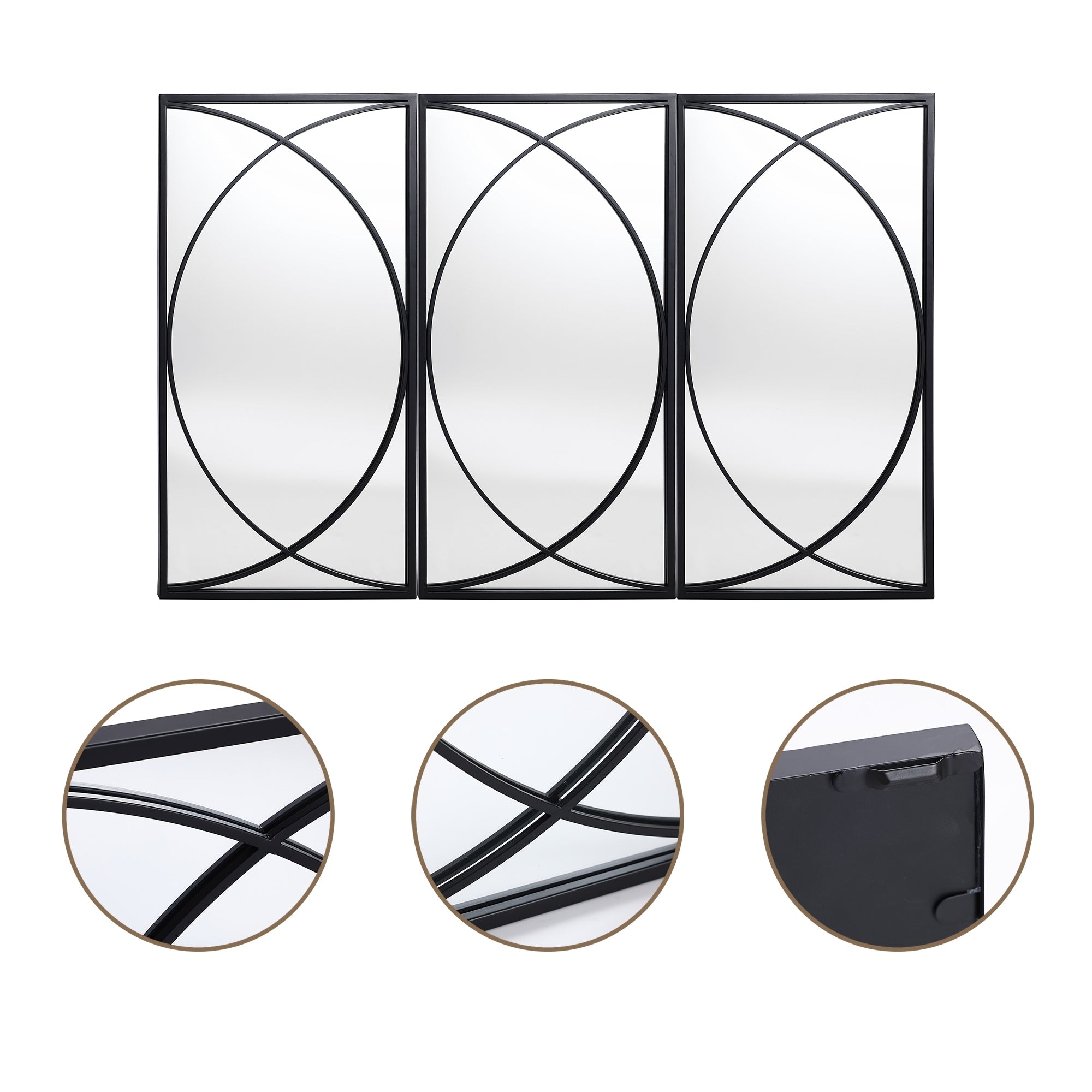 Ensemble de 3 miroirs muraux rectangulaires en métal noir - 31,9 H x 15,75 L x 0,75 P