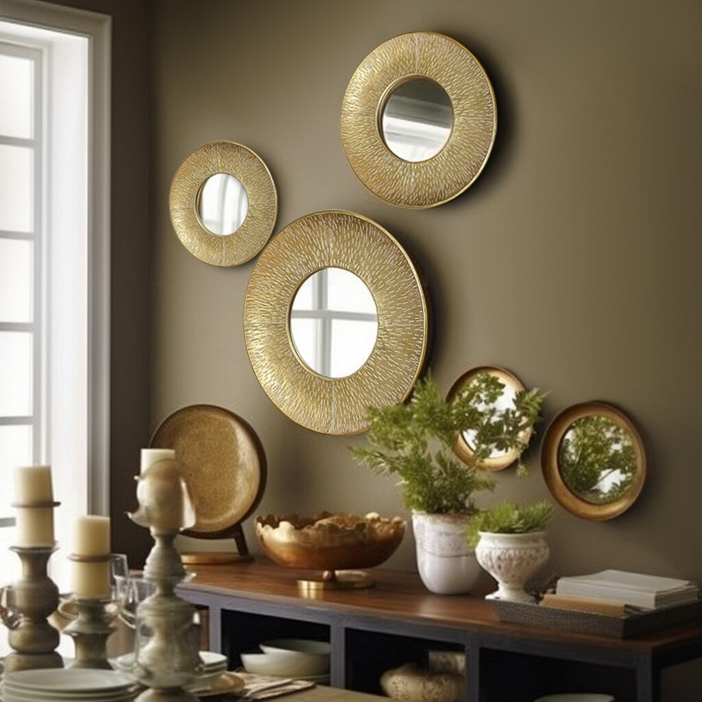 Ensemble de 3 miroirs muraux ronds en métal doré - 22,25 de diamètre x 2,36 de profondeur