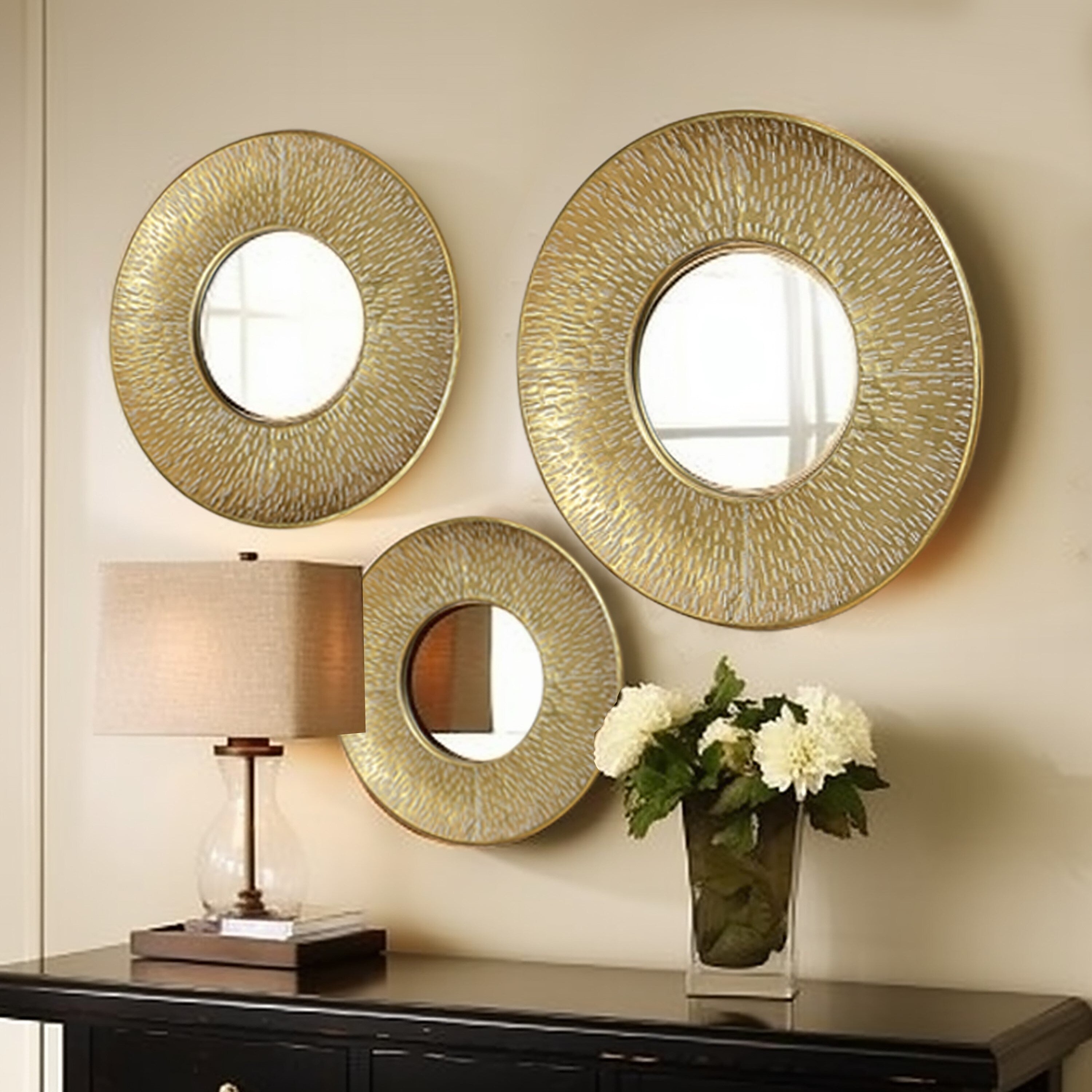 Ensemble de 3 miroirs muraux ronds en métal doré - 22,25 de diamètre x 2,36 de profondeur