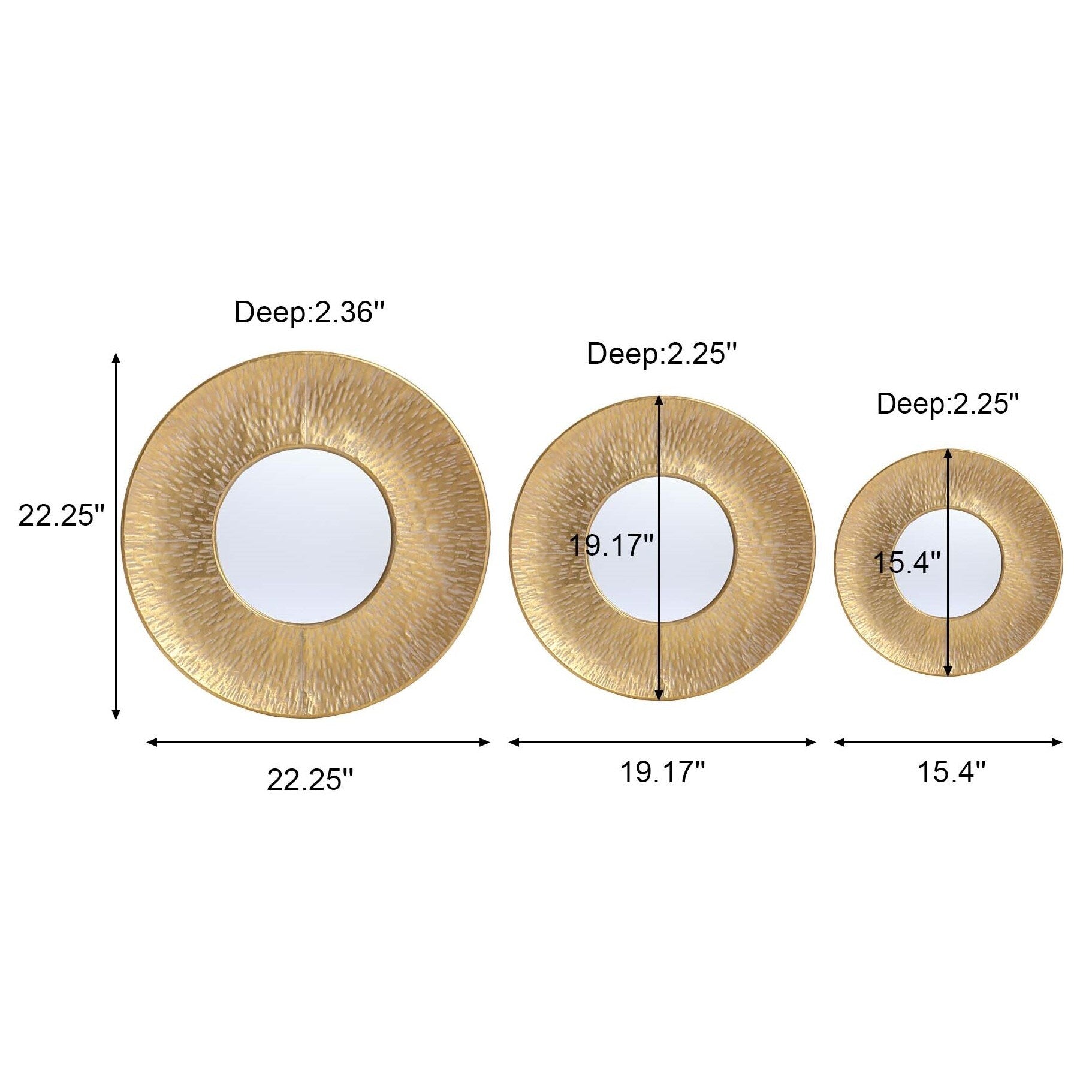 Ensemble de 3 miroirs muraux ronds en métal doré - 22,25 de diamètre x 2,36 de profondeur