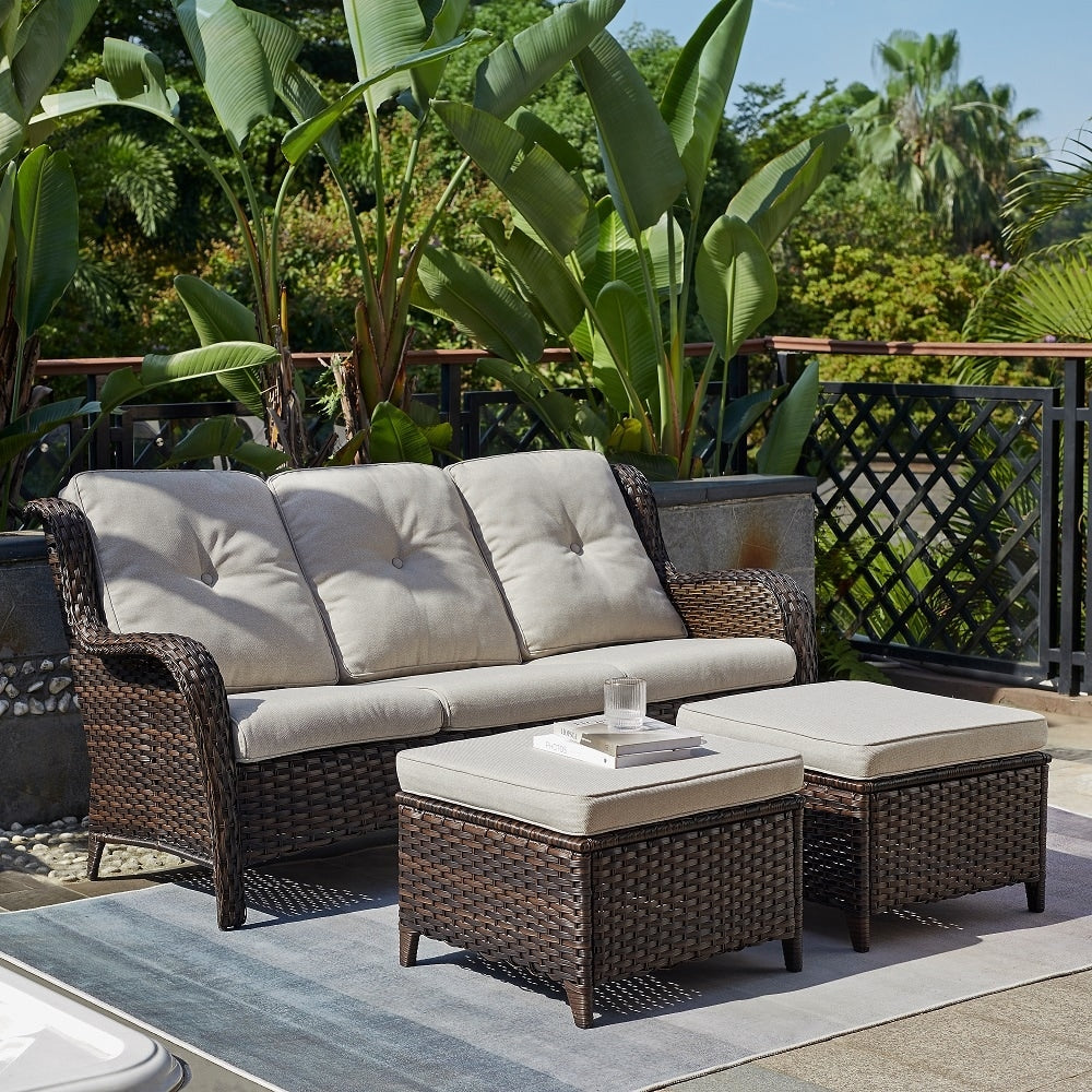 Ensemble de 3 poufs sectionnels en osier à dossier haut pour patio extérieur Gymojoy