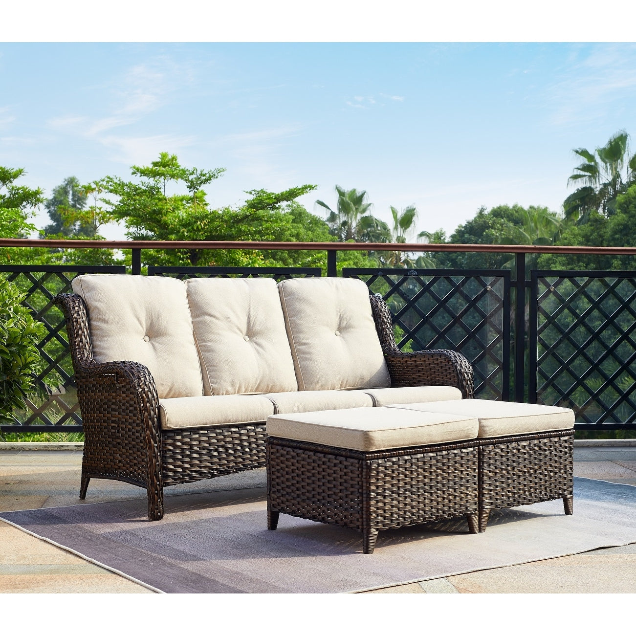 Ensemble de 3 poufs sectionnels en osier à dossier haut pour patio extérieur Gymojoy