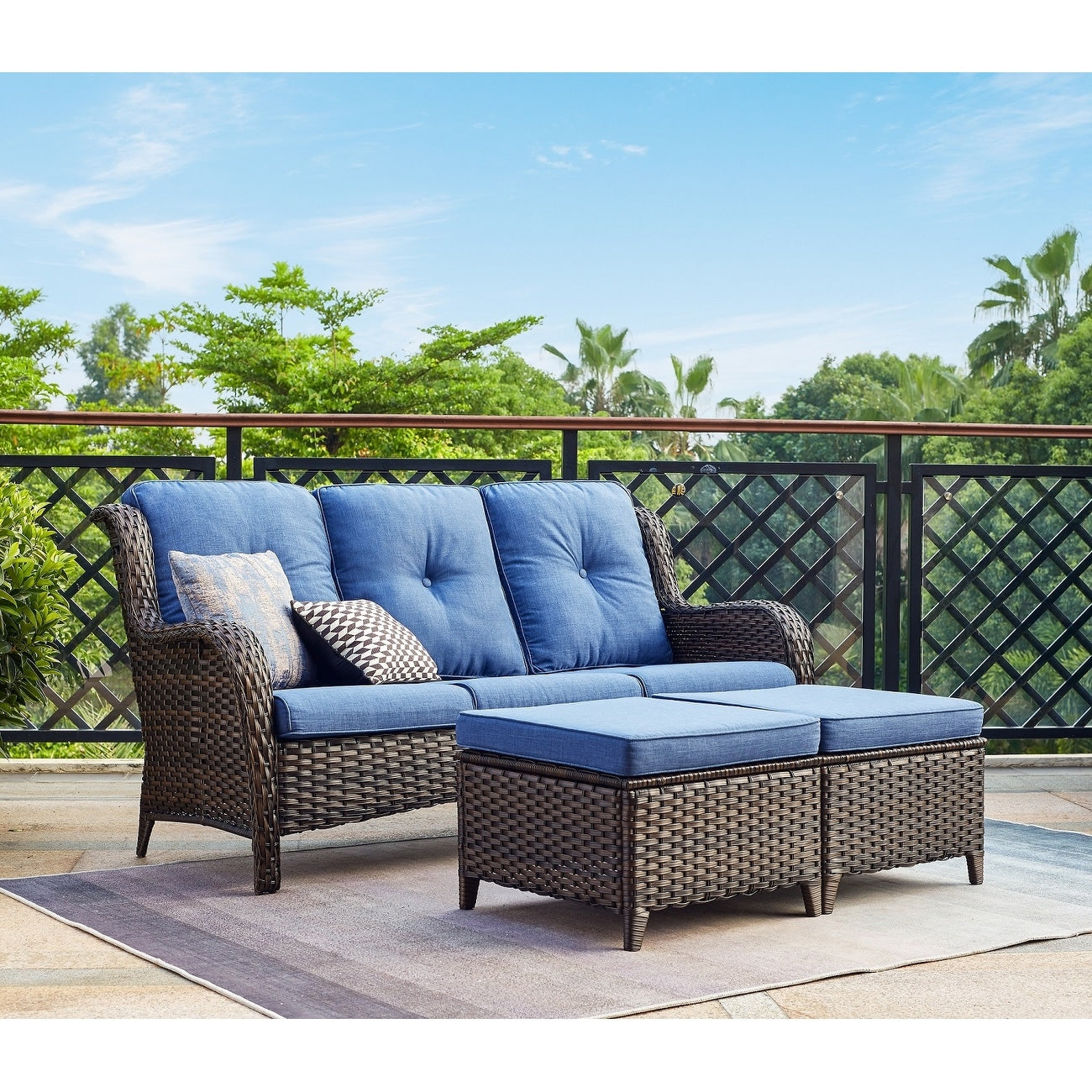Ensemble de 3 poufs sectionnels en osier à dossier haut pour patio extérieur Gymojoy