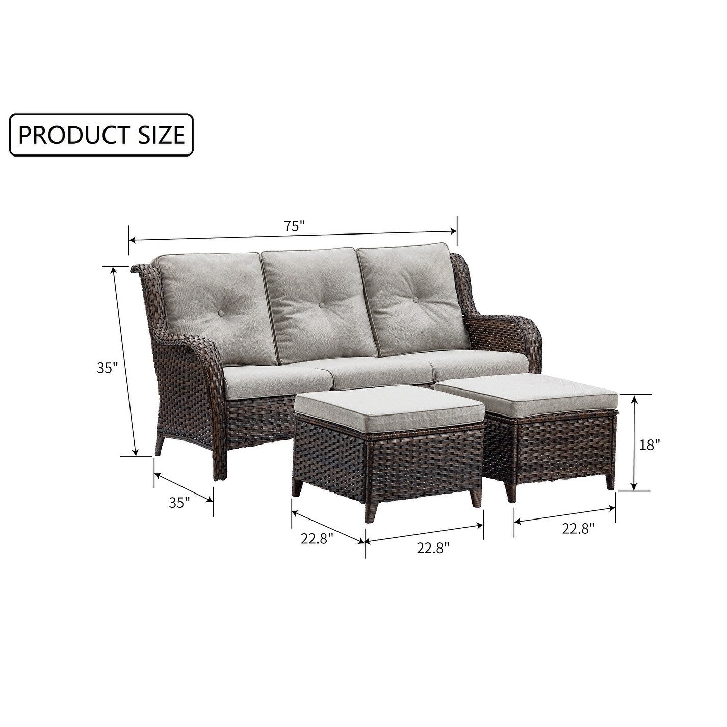 Ensemble de 3 poufs sectionnels en osier à dossier haut pour patio extérieur Gymojoy