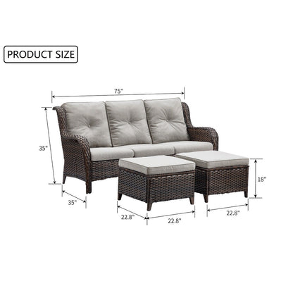 Ensemble de 3 poufs sectionnels en osier à dossier haut pour patio extérieur Gymojoy