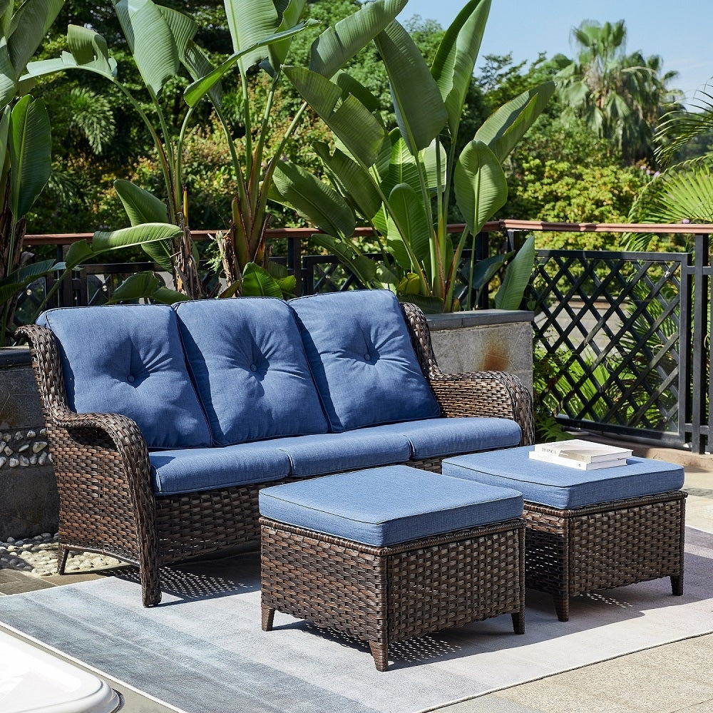 Ensemble de 3 poufs sectionnels en osier à dossier haut pour patio extérieur Gymojoy