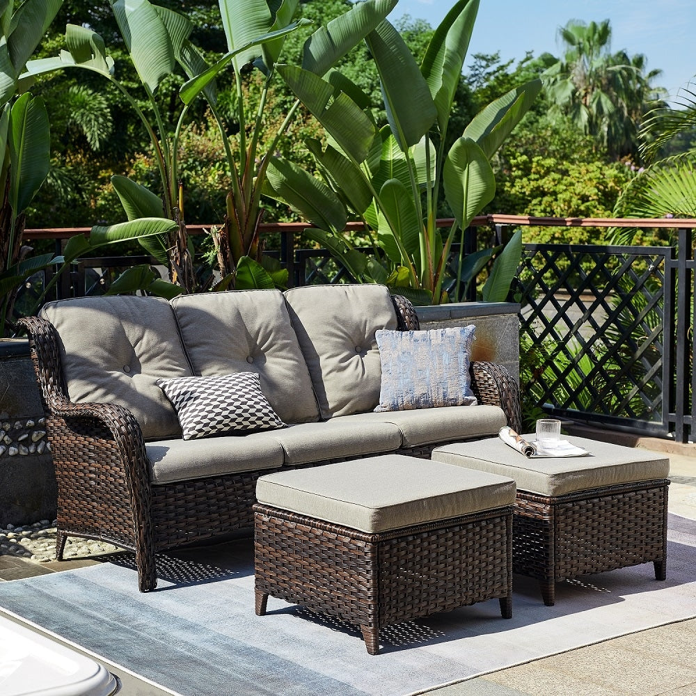 Ensemble de 3 poufs sectionnels en osier à dossier haut pour patio extérieur Gymojoy